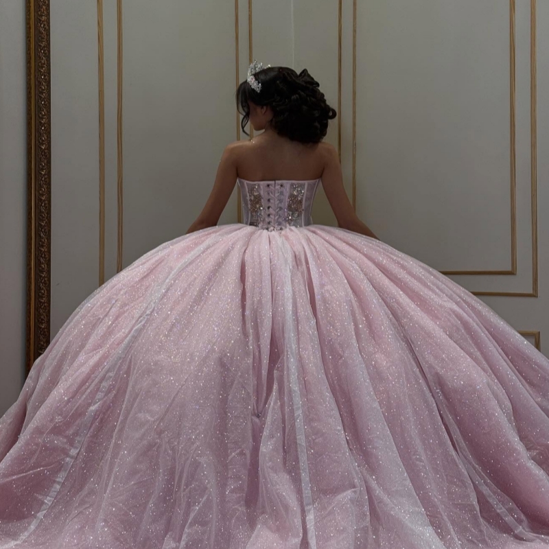 Light Pink Shiny Quinceanera Dresses Off The Shoulder Beading Crystal Corset Tull Party Birthday Sweet 16 Dress Vestidos 15 Anos