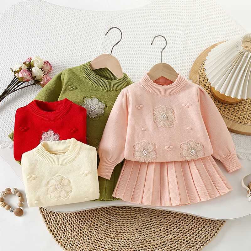 Christmas Suit Knitted Flower Long sleeved Baby Girl Round neck Clothes Sweet knitted sweaterPleated Skirt Baby New Year Set L250926NQH6