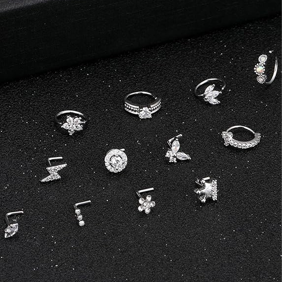 12Pcs Nose Rings Stud L Shape Cubic Zirconia Butterfly Flower Moon Crown Heart Lightning Shape Nose Studs Piercing Jewelry Women Men Silver Plated 20G
