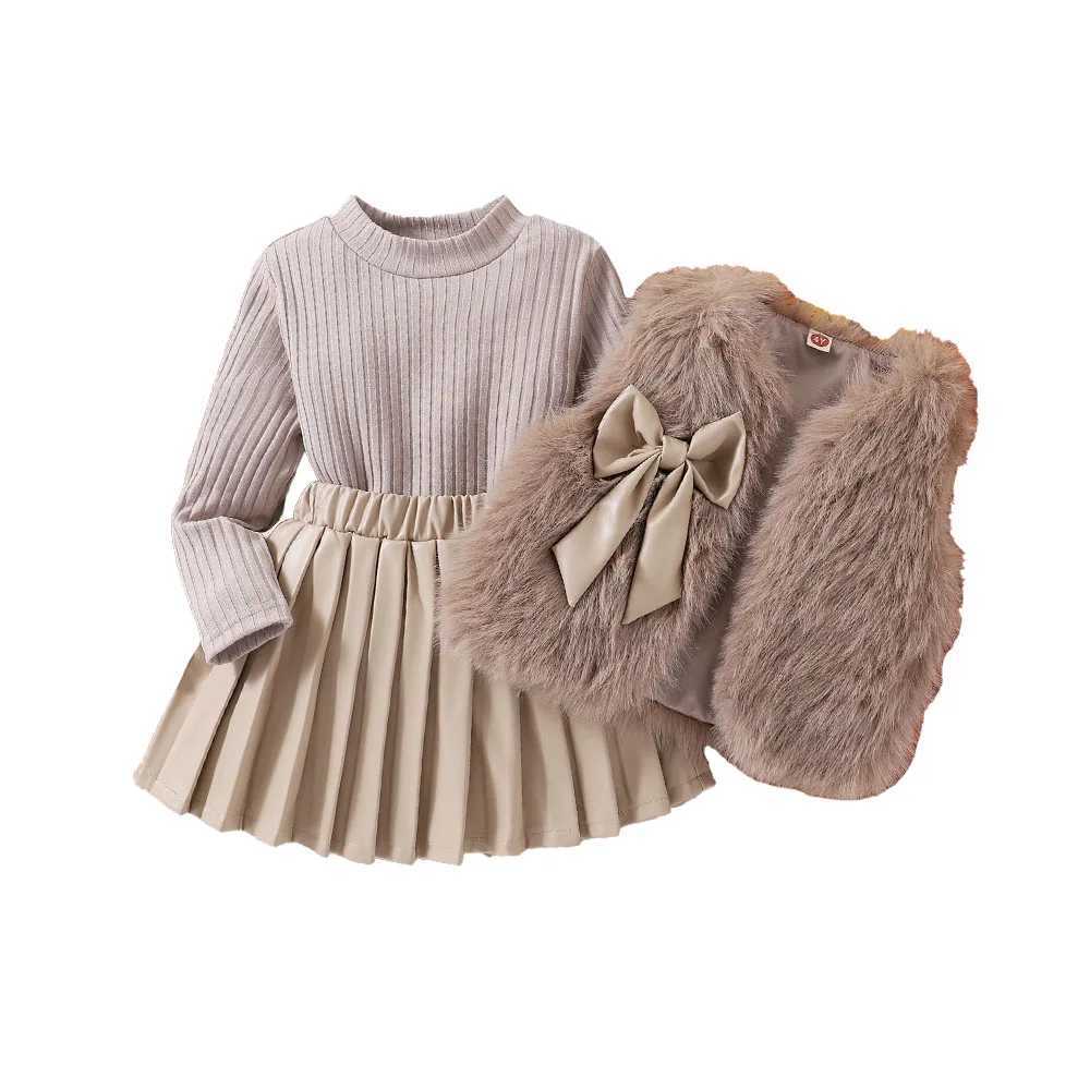 Autumn Winter Girl Clothes Set Baby Toddler Girl Suits Fur Vest Long Sleeve Shirt Base Layer and Faux Leather Skirt Pleated Chic L250926UOK0