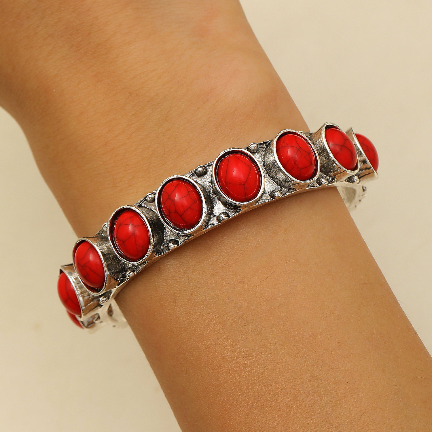 Ethnic Style Bohemian Turquoise For Women Carved Hollow Adjustable Open Bracelet