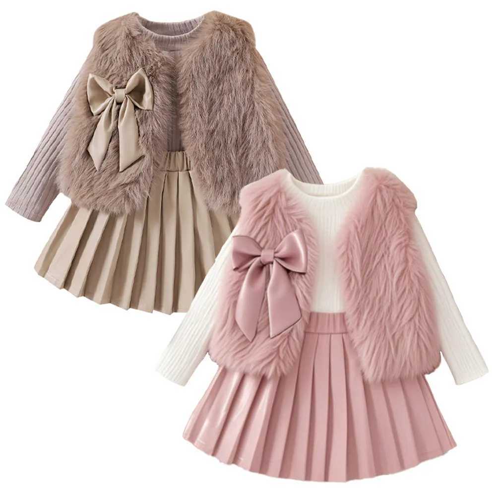 Autumn Winter Girl Clothes Set Baby Toddler Girl Suits Fur Vest Long Sleeve Shirt Base Layer and Faux Leather Skirt Pleated Chic L250926UOK0