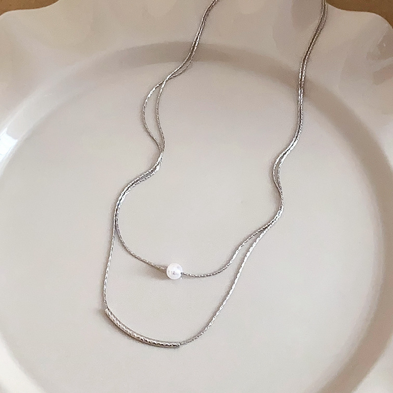 Silver - Toned Double - Layered Chain Necklace With Single Pearl Accent Delicate Daily & Minimalist Jewelry Gift For Her High - Quality And Elegant Ac
