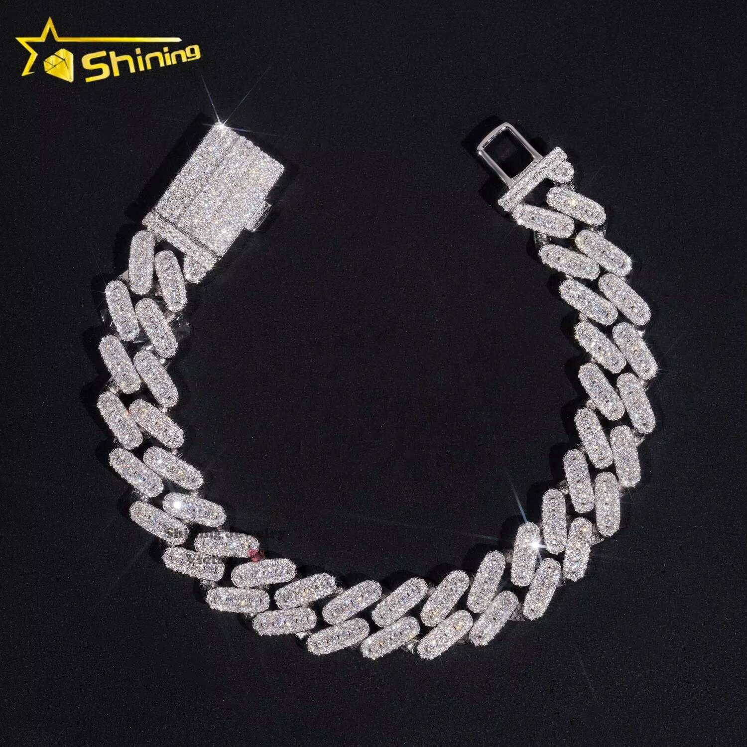 Iced Out Jewelry 13MM 925 Sterling Silver GRA Certificate Diamond Moissanite Cuban Link Bracelet Three Rows