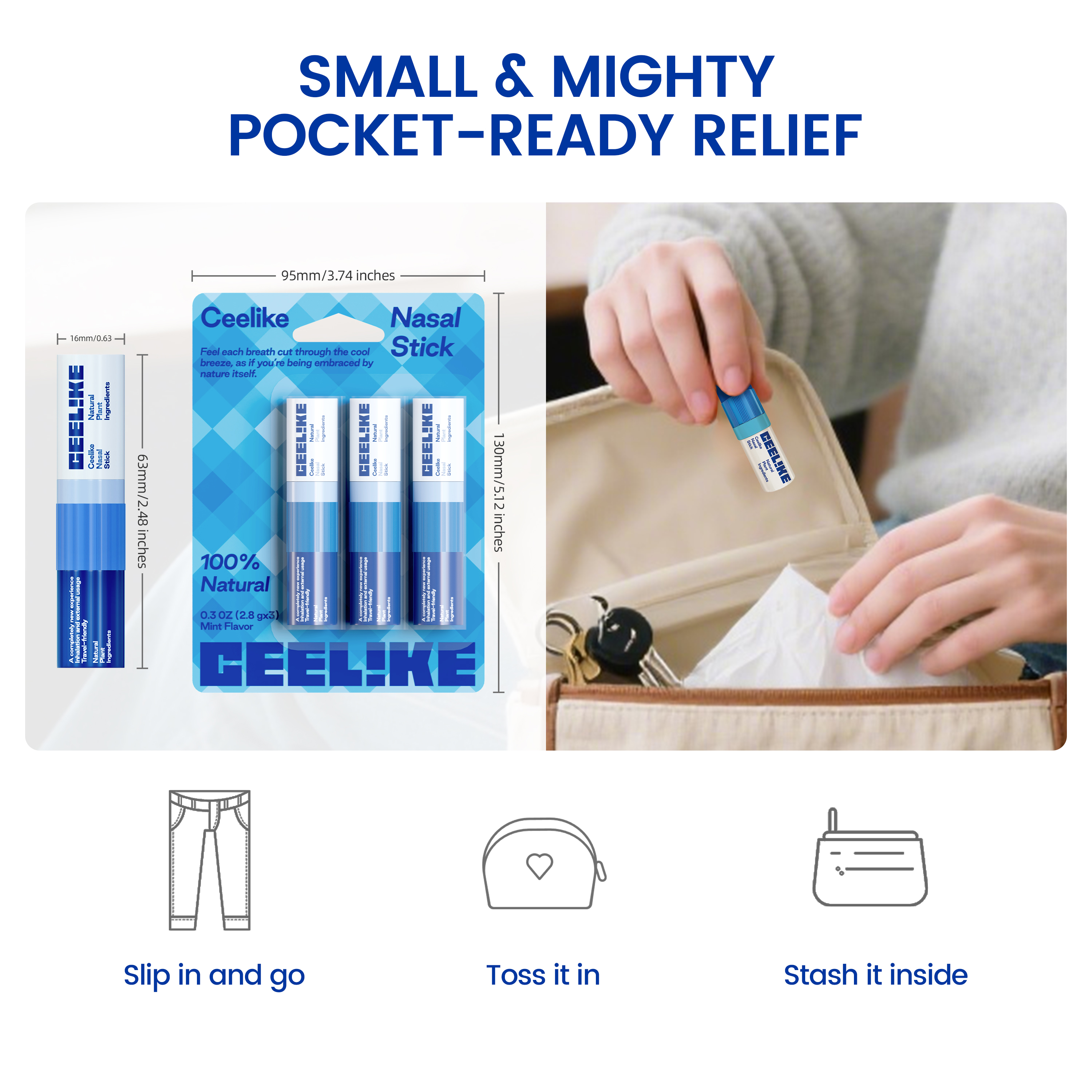 CEELIKE Nasal Stick - Mint Flavor, 3 Sticks per Pack, Natural Plant Ingredients for Refreshing Relief and Energy Boost
