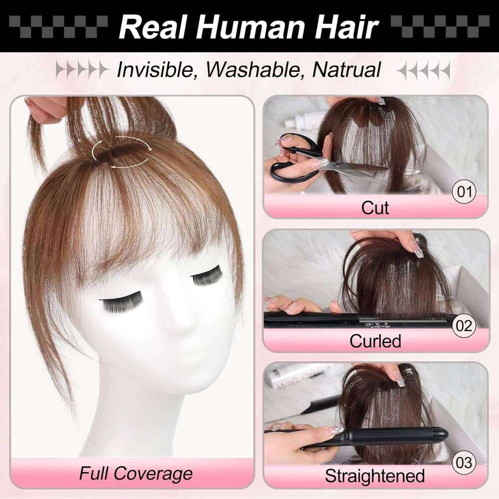 Clip in Ash Brown 100% Human Hair Bangs 3 Non-slip Clips 360°Cover Top HairPieces with 5 inch Wispy Fringes for Women
