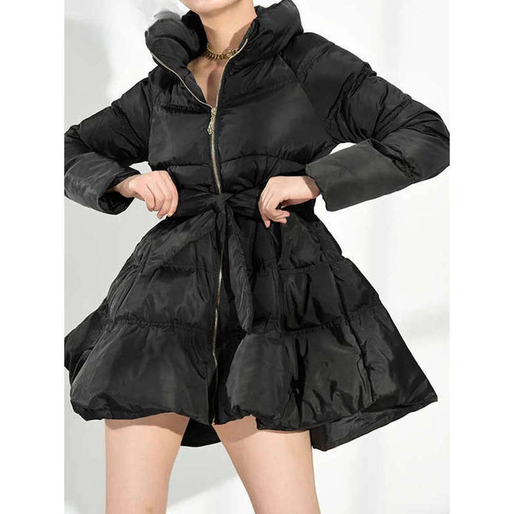 Black Bandage Bow Cotton-Padded Coat Long Sleeve Loose Fit Women Parkas Fashion Tide New Autumn Winter 2025 1Dh5282