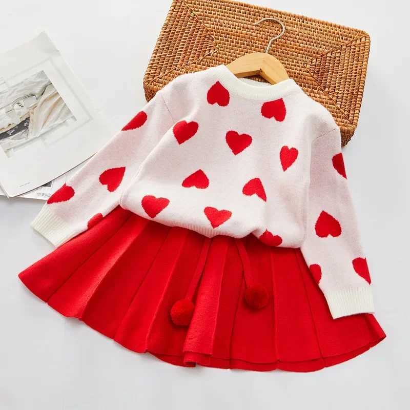 FallWinter 2024 New Love Sweater Set Girls Clothing Sets Baby Pullover Top Pleated Skirt Set Cute Girls Fashion Kids Outfit L2509264839