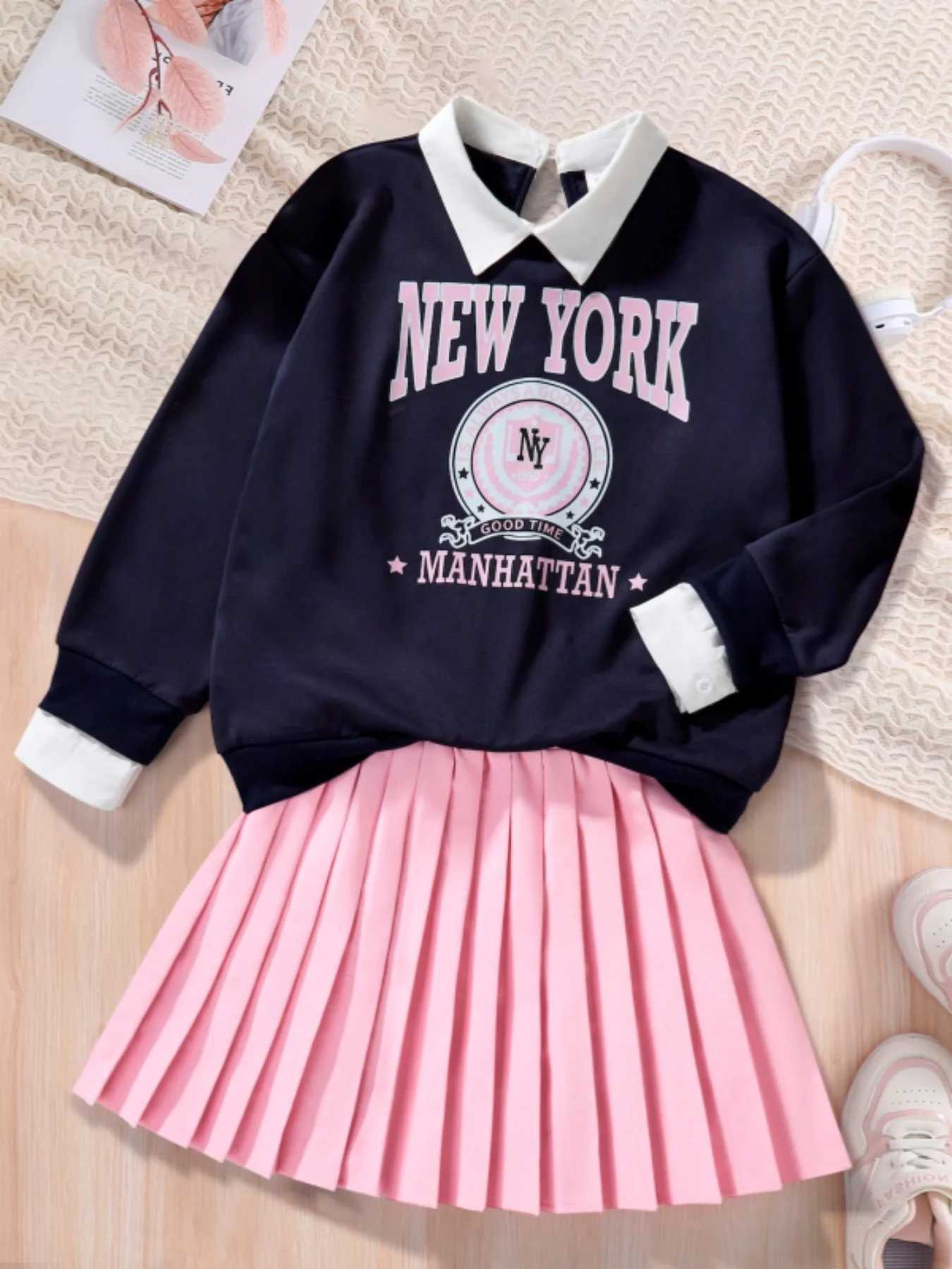 Girls Casual Preppy Dress Pink Long Sleeve Spring Autumn Fashion Outdoor Letter Print Lapel Pleated Skirt 2pc Set L250926MN68