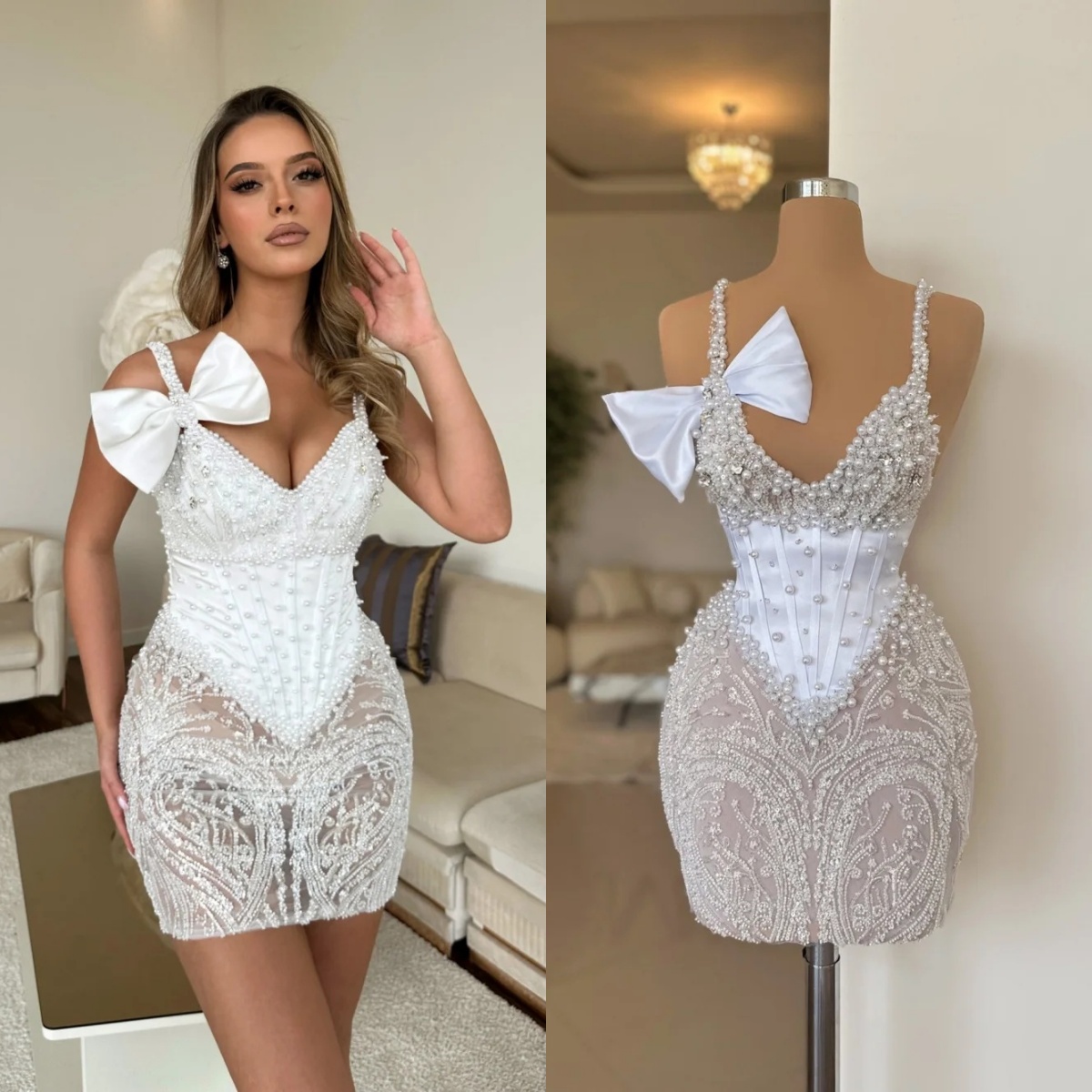 Simple Cocktail Dresses Pearls Beading Mini Short Evening Prom Gowns Spaghetti Strap Crystal Sequins Bow Customized Sleeveless Graduation Ball Club Pa