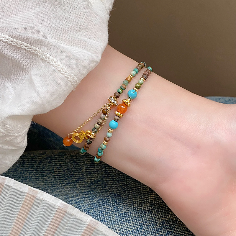 Gold - Toned Multi - Layer Beaded Bracelet With Colorful Stone Accents, Lucky Symbol And Tassel Detail Delicate Daily & Elegant Jewelry Gift For Her H