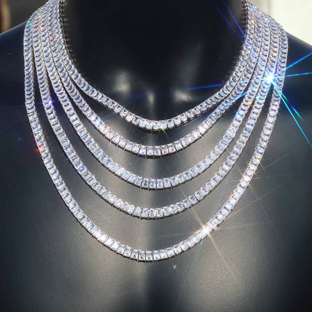 NOUYA Silver Plated Tennis Chain Necklace for Women 6mm Baguette Zircon Stones Hip Hop Fine Jewelry Tennis Chains