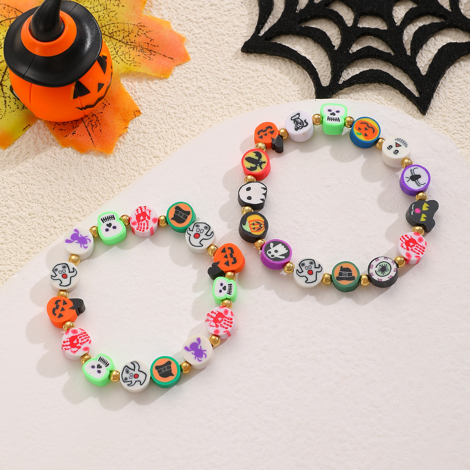 Halloween Element For Women Hot-Selling Soft Clay Pumpkin Ghost Beaded Colorful Bracelet Jewelry