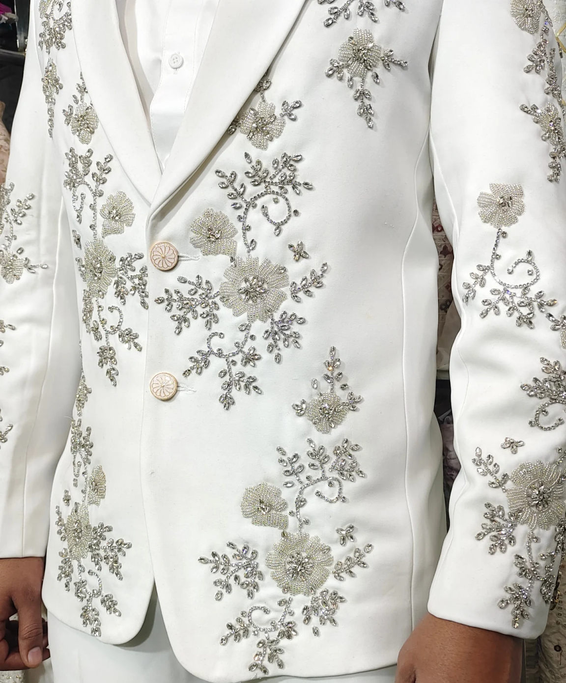 Luxury Crystals Beaded Men Suit 2 Pieces Jacket Pants Single Breasted Groom Wedding Tuxedos Party Prom Special Occasions Customized