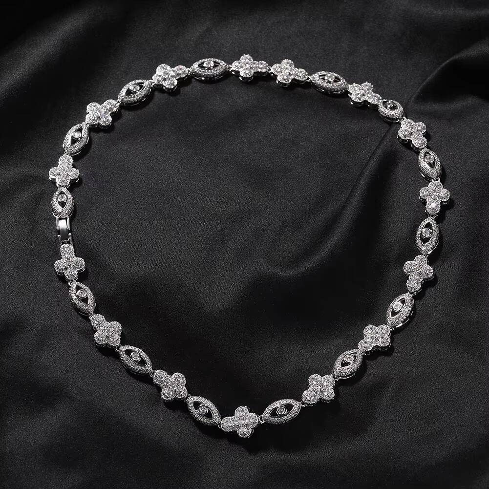 Hip Hop Jewelry Men White Gold Plated 13mm Brass Necklace Rhodium Paved Iced Out Zircon Cross Evil Eye Cuban Link Chain