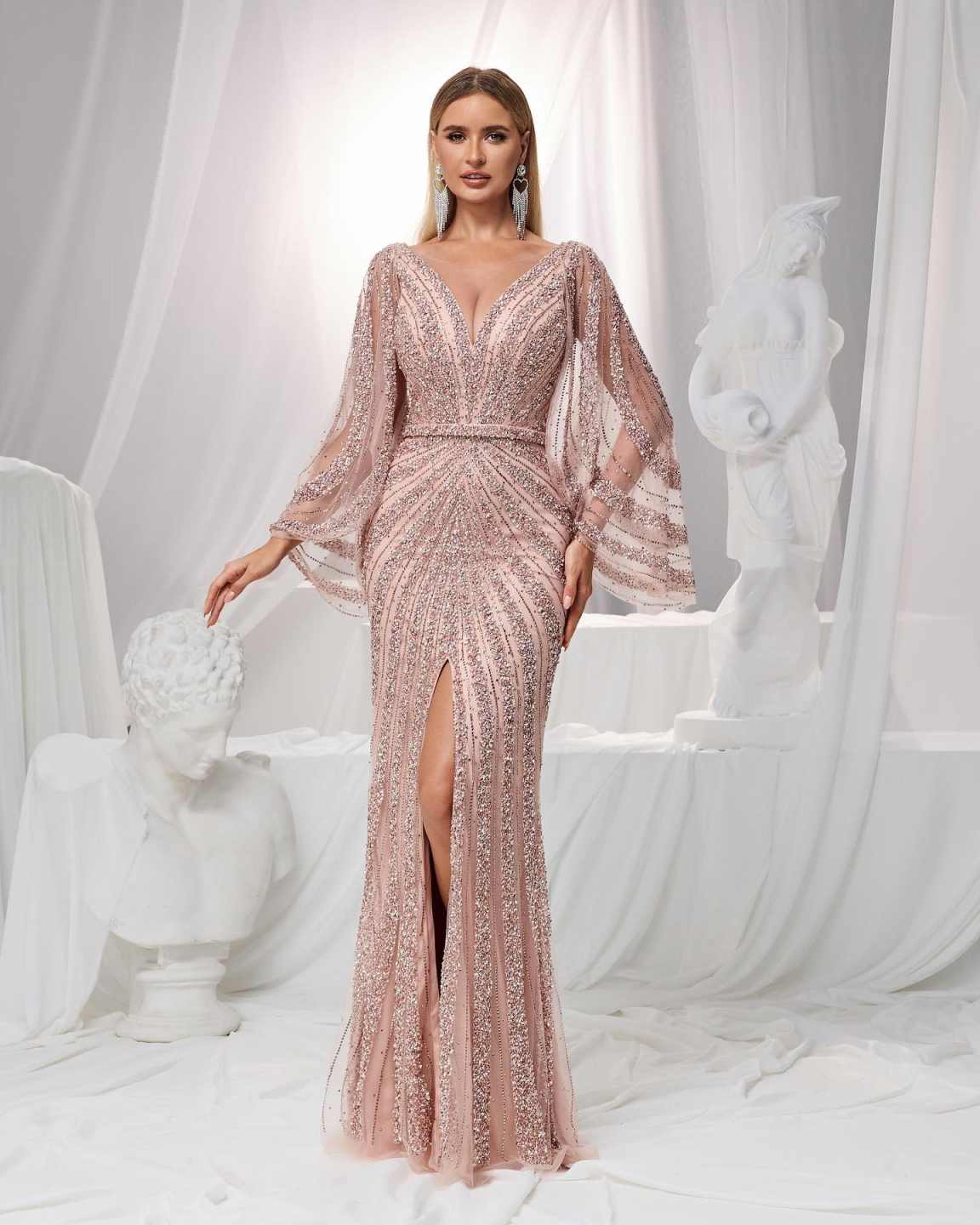 Classic Mermaid Evening Dress O Neck Long Sleeve Sequins Prom Gowns Beaded Splits Floor Length Formal Dresses Customized