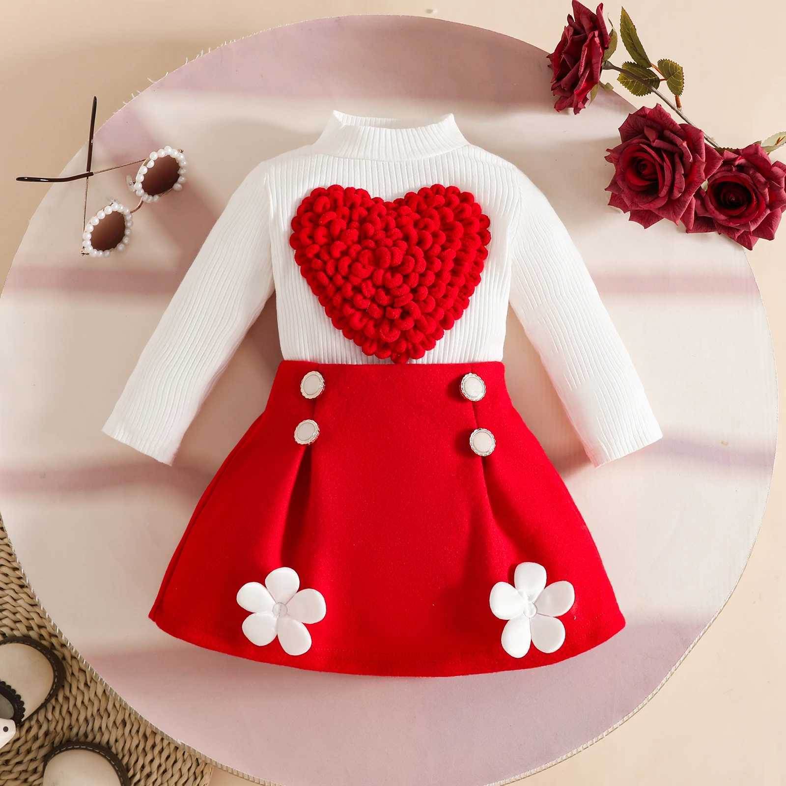 Pudcoco Toddler Baby Girl Fall Outfit Heart Mock Neck Long Sleeve Tops with 3D Flower Mini A Line Skirt 2Pcs Set 6M4T L250926IKFM