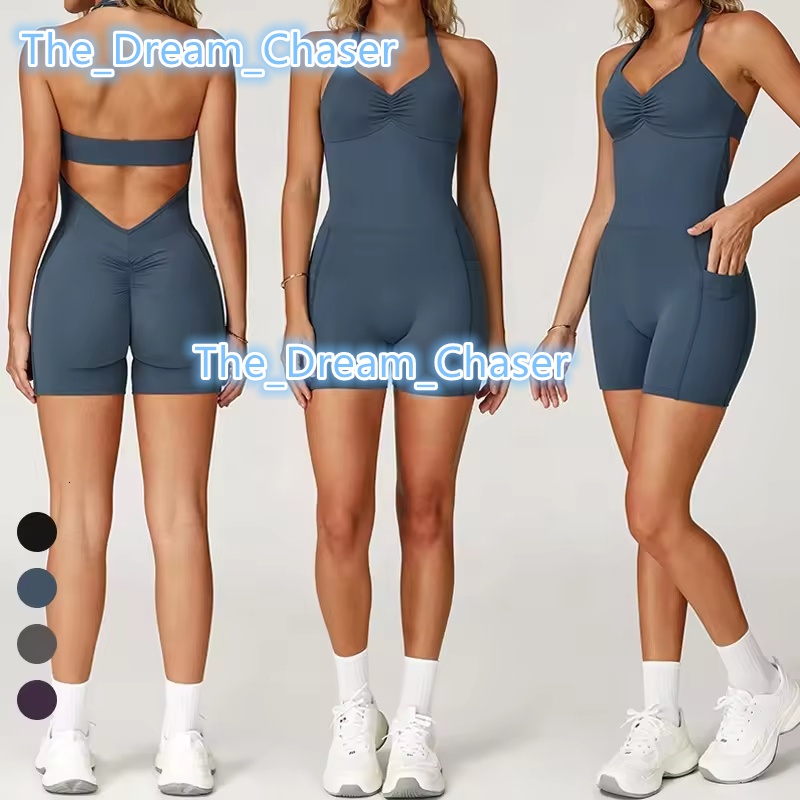 Quick Dry Womens Halter Sleeveless Sports Bodysuit Gather Beauty Back Yoga Jumpsuit Hip Lift Scrunch Butt Running Tracksuit