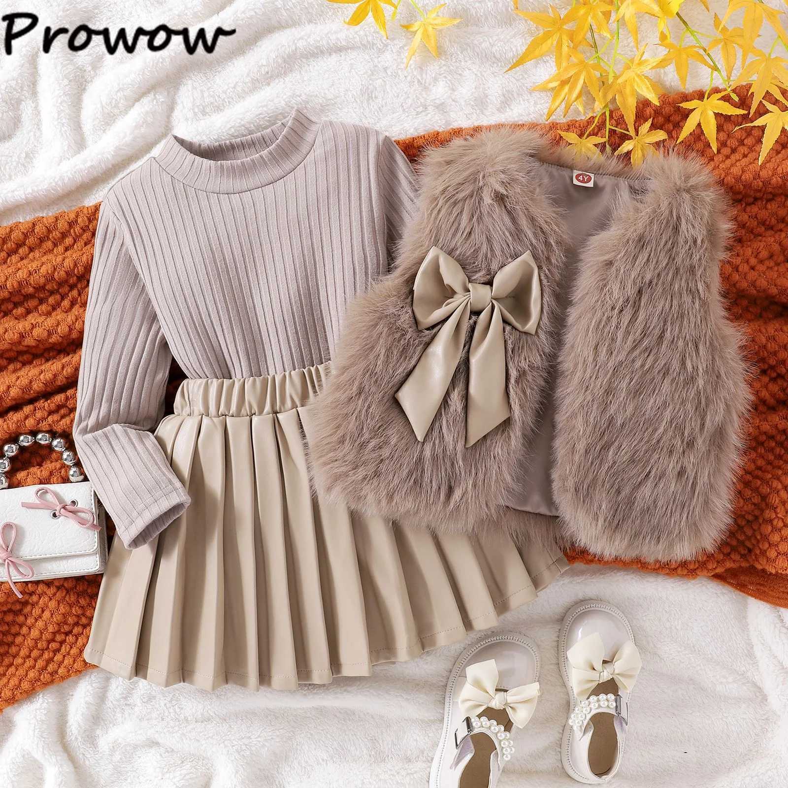 Kids Winter Clothes Elegant Sets For Girls 3pcs Bow Fluffy Warm WaistcoatKnitted TopPU Leather Skirts Children Outfits Sets L250926FYMR