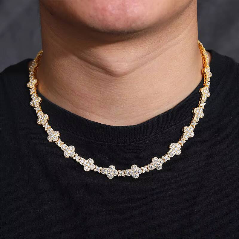 Hip Hop Style Iced out Gold Plated Brass Cross Link Chain Bracelet and Statement Necklace with Zirconia Diamond for Parties