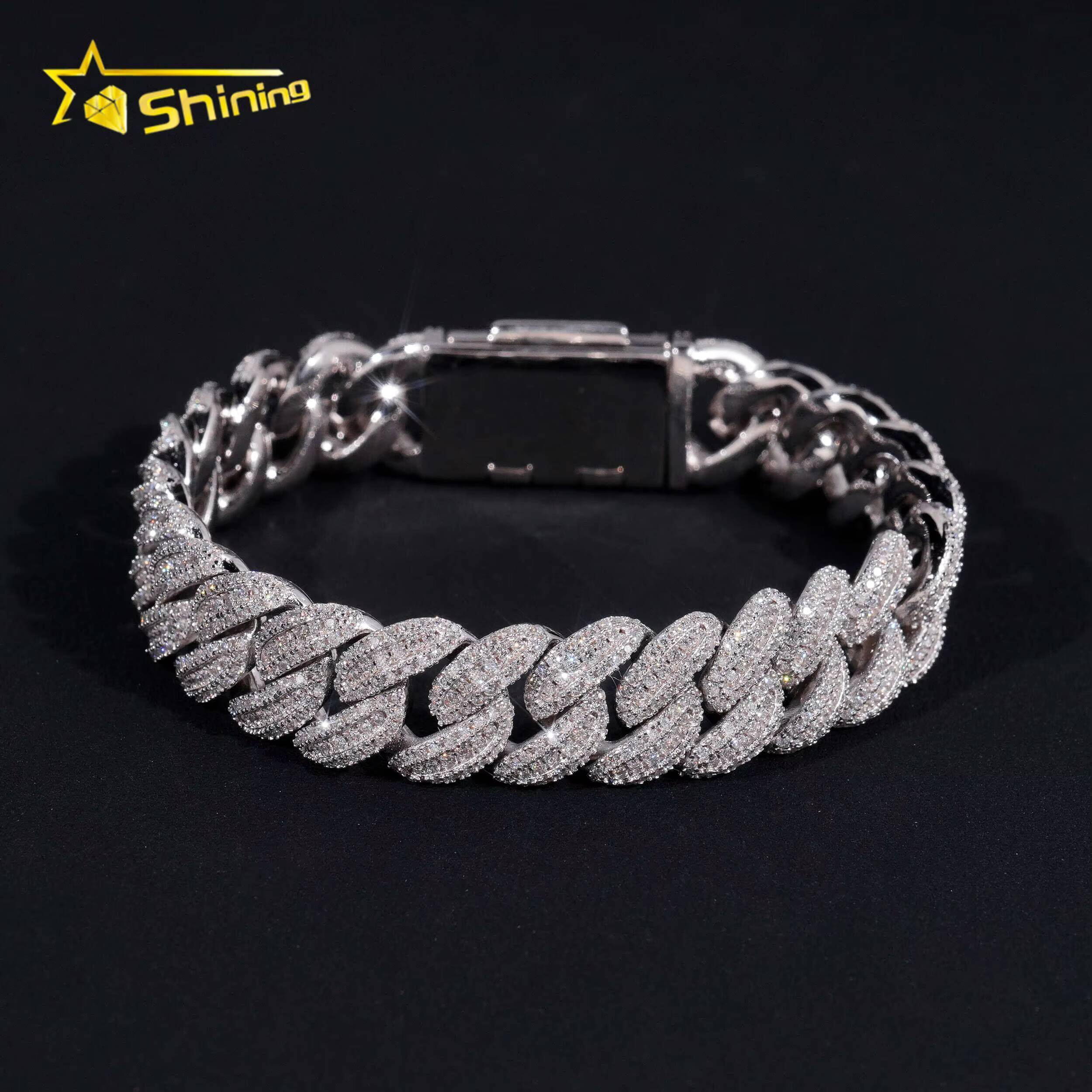 Hot Selling 13MM Moon Shape Cuban Chain Silver 925 Iced Out Hip Hop Jewelry Moissanite Cuban Link Bracelet Men