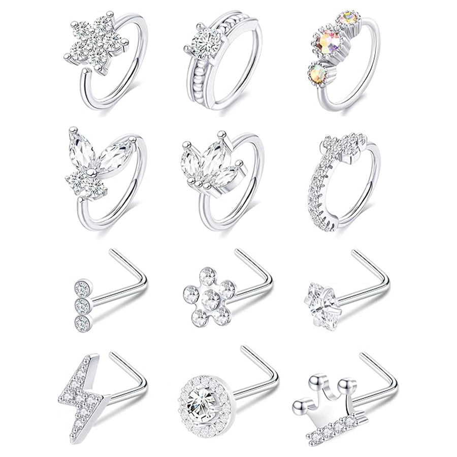 12Pcs Nose Rings Stud L Shape Cubic Zirconia Butterfly Flower Moon Crown Heart Lightning Shape Nose Studs Piercing Jewelry Women Men Silver Plated 20G