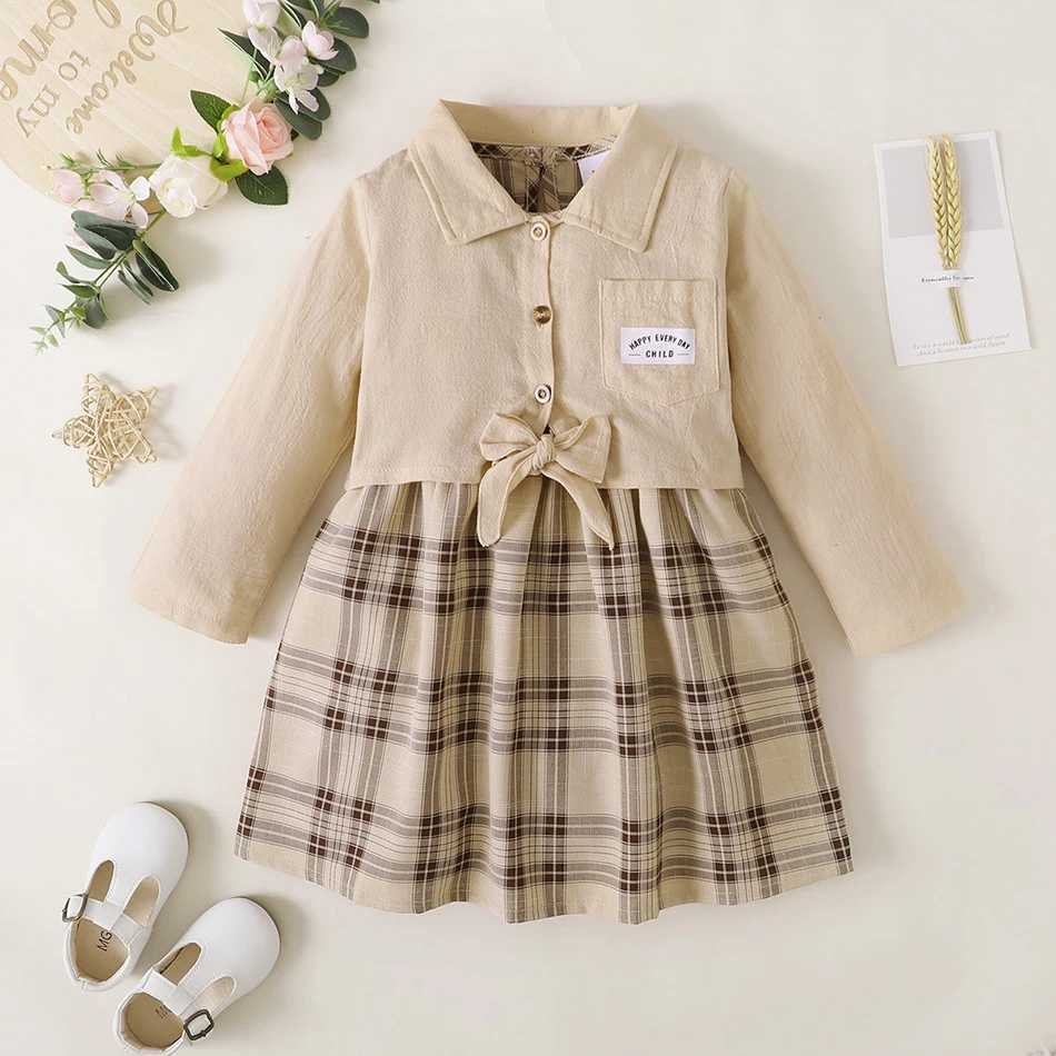 Girls Spring Autumn Apricot Coat Apricot Checkered Long Skirt Two Piece Set Outdoor Activities Birthday Gift Children Sets L250926IXQ6