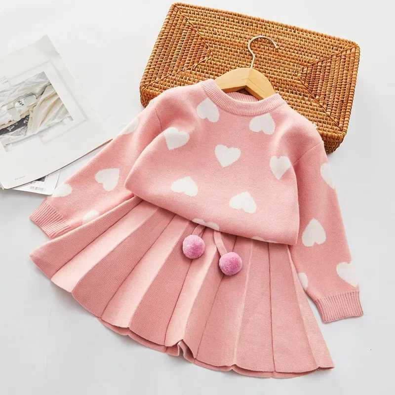 FallWinter 2024 New Love Sweater Set Girls Clothing Sets Baby Pullover Top Pleated Skirt Set Cute Girls Fashion Kids Outfit L2509264839