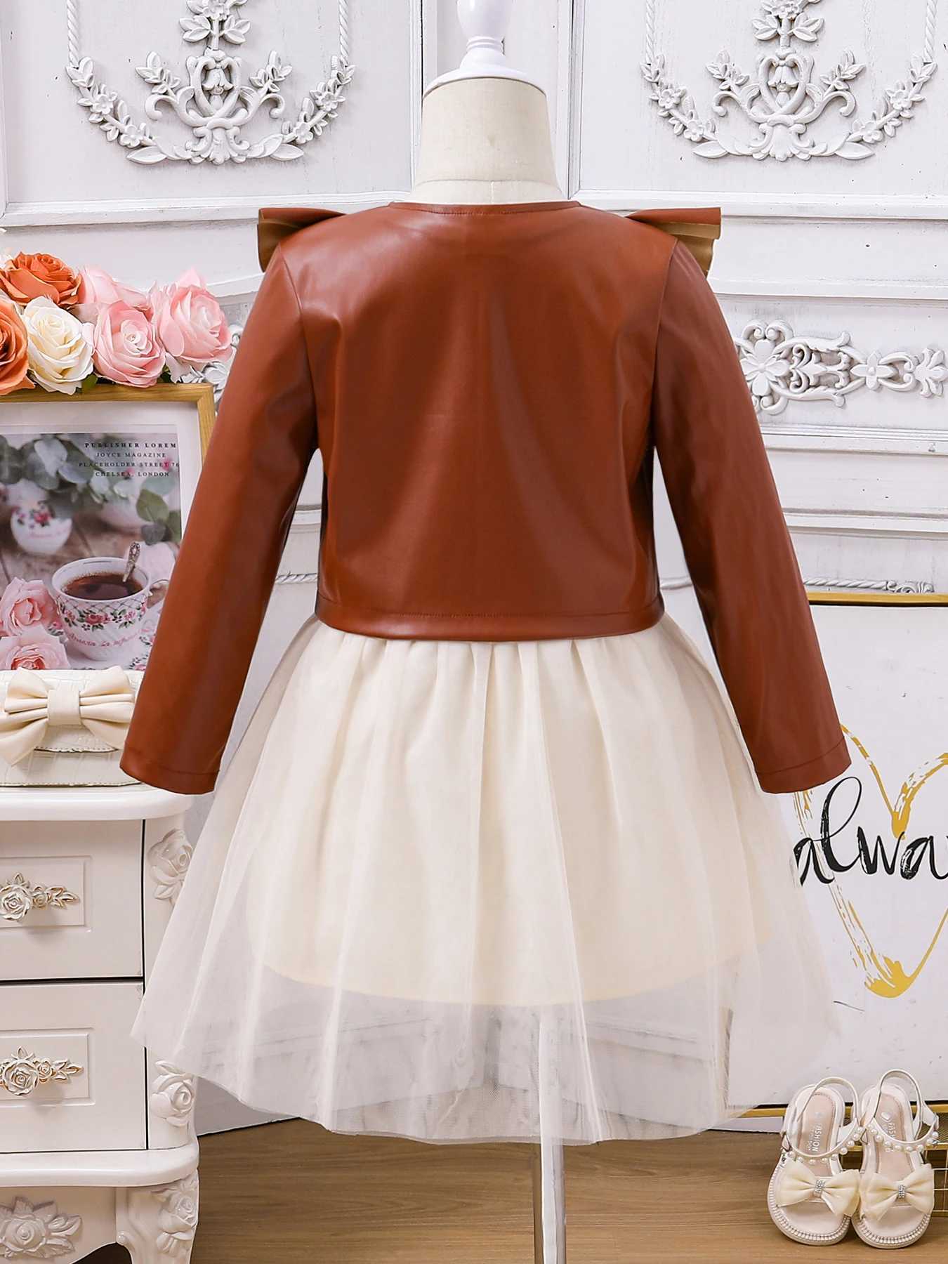 Girls Spring and Autumn Dress Set New Childrens Princess SkirtPU Leather Vest 2piece Set L250926PUQG