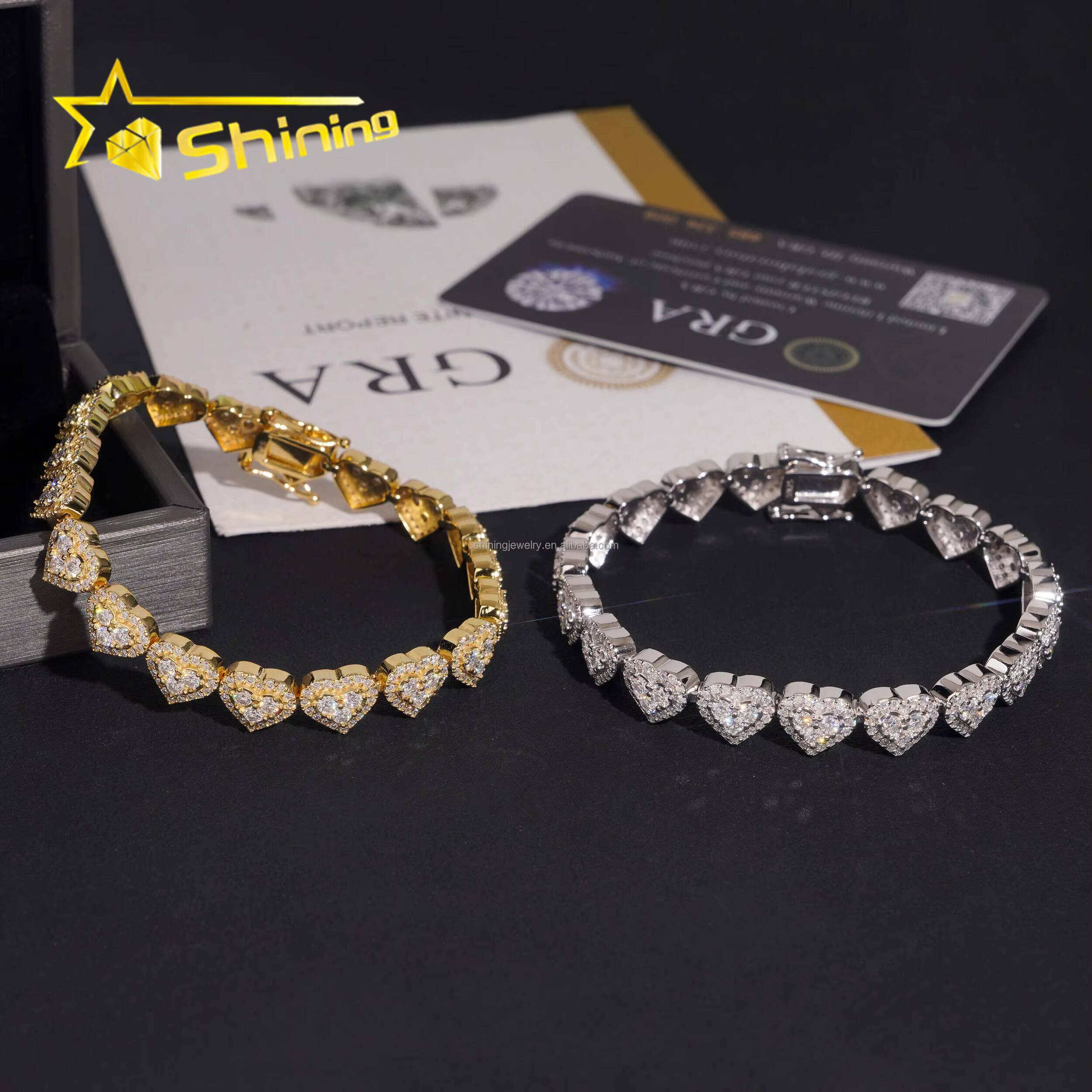 Drop Shipping Hot Selling Fashion Luxury Elegant Style Women Hip Hop Jewelry VVS1 Moissanite Iced Out S925 Silver Heart Bracelet