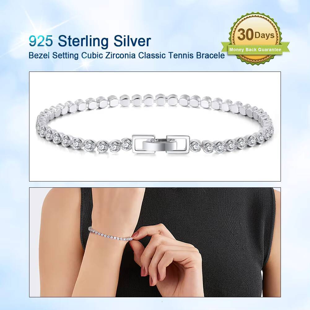 RINNTIN SB116 Men Women 925 Sterling Silver 30mm Bezel Setting Cubic Zirconia Classic Tennis Bracelet