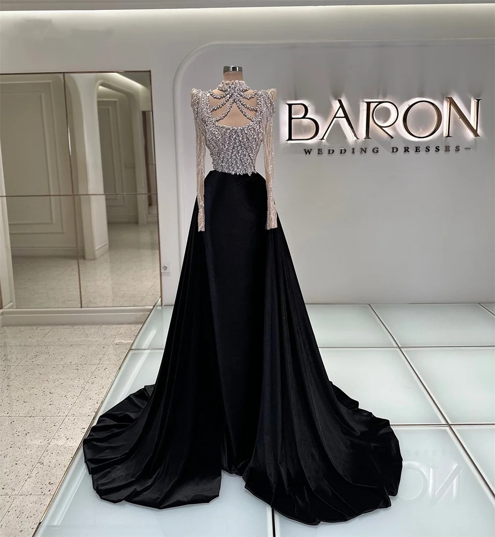 Graceful Evening Dresses High Neck Crystal Prom Gowns with Overskirts Beading Long Sleeves Princess Customized Vestidos De Noche Plus Size