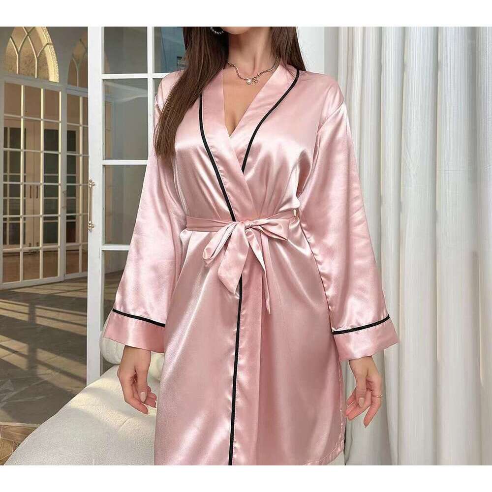 High end satin sleepwear robe, simulated silk fabric, tie waist design, is an ideal choice for sleepwear and bridal preparation, and a must-have for e