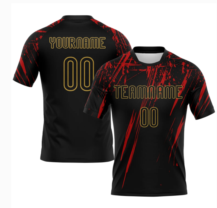 Custom Black Red-Old Gold Splash Sublimation Volleyball Uniform Jersey