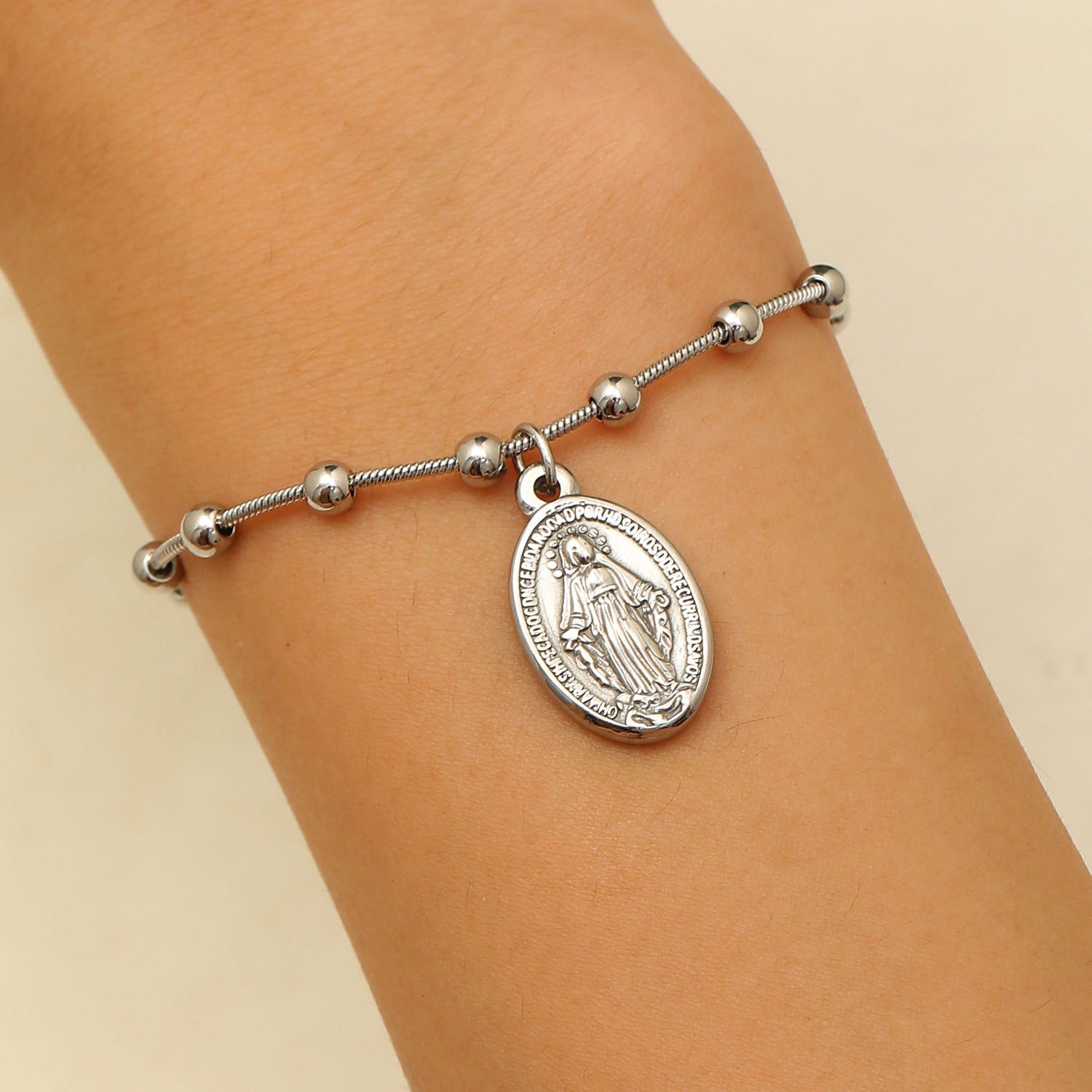Lady Virgin Mary Cross Oval Stainless Steel Pendant Spacer Bead Chain Bracelet For Women