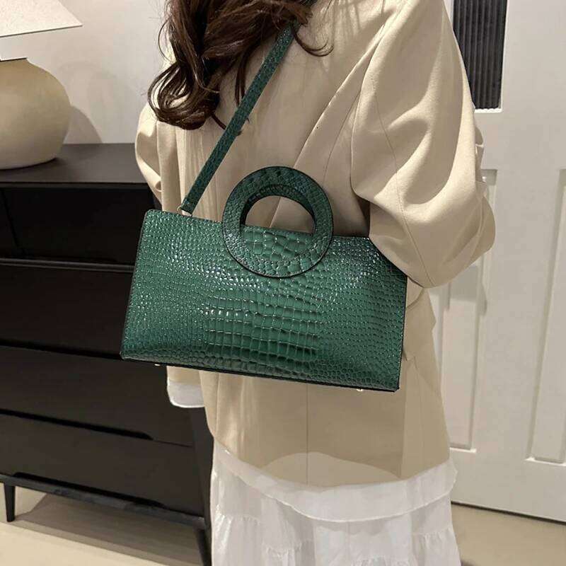 Women's Crocodile Pattern PU Leather Handbags Green Square Bag Fashion Brand Shoulder Messenger Bags Female Clutches