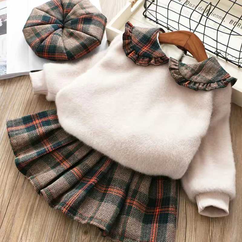 Baby Girl Clothes 06 Spring Autumn New Fashion Princess Dress Suit Girl Cotton Top Plaid Pleated Skirt Hat Girl 3 Piece set L250926HA39