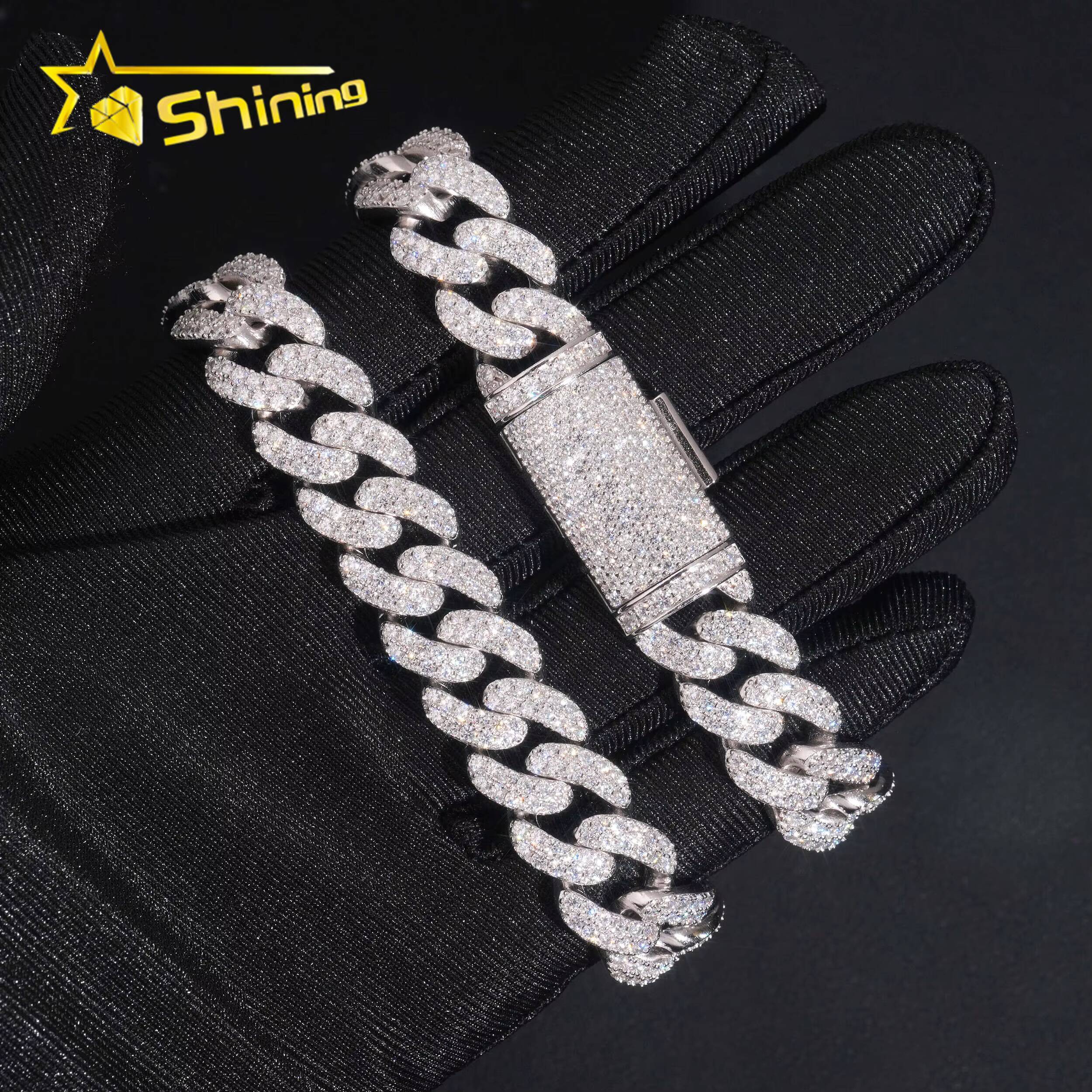 Hip Hop 12mm 2 Rows VVS Iced Out Moissanite Cuban Link Bracelet Custom High Quality 925 Silver Bracelet for Men Women