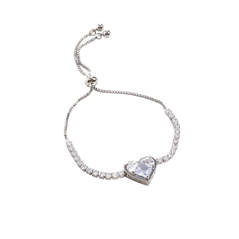 Silver - Toned Heart - Shaped Crystal Bracelet With Dainty Zircon Chain Delicate Daily & Romantic Jewelry Gift For Her High - Quality And Sparkling Ac