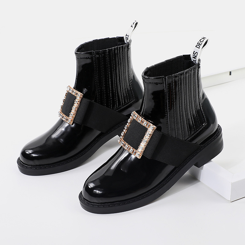 Ddmysports Patent Leather Rhinestone Square Buckle Flat Toe Marten Boots Women S Round Low Heel Adjustable Strap Short Rubber Sole Outdoor Shoes