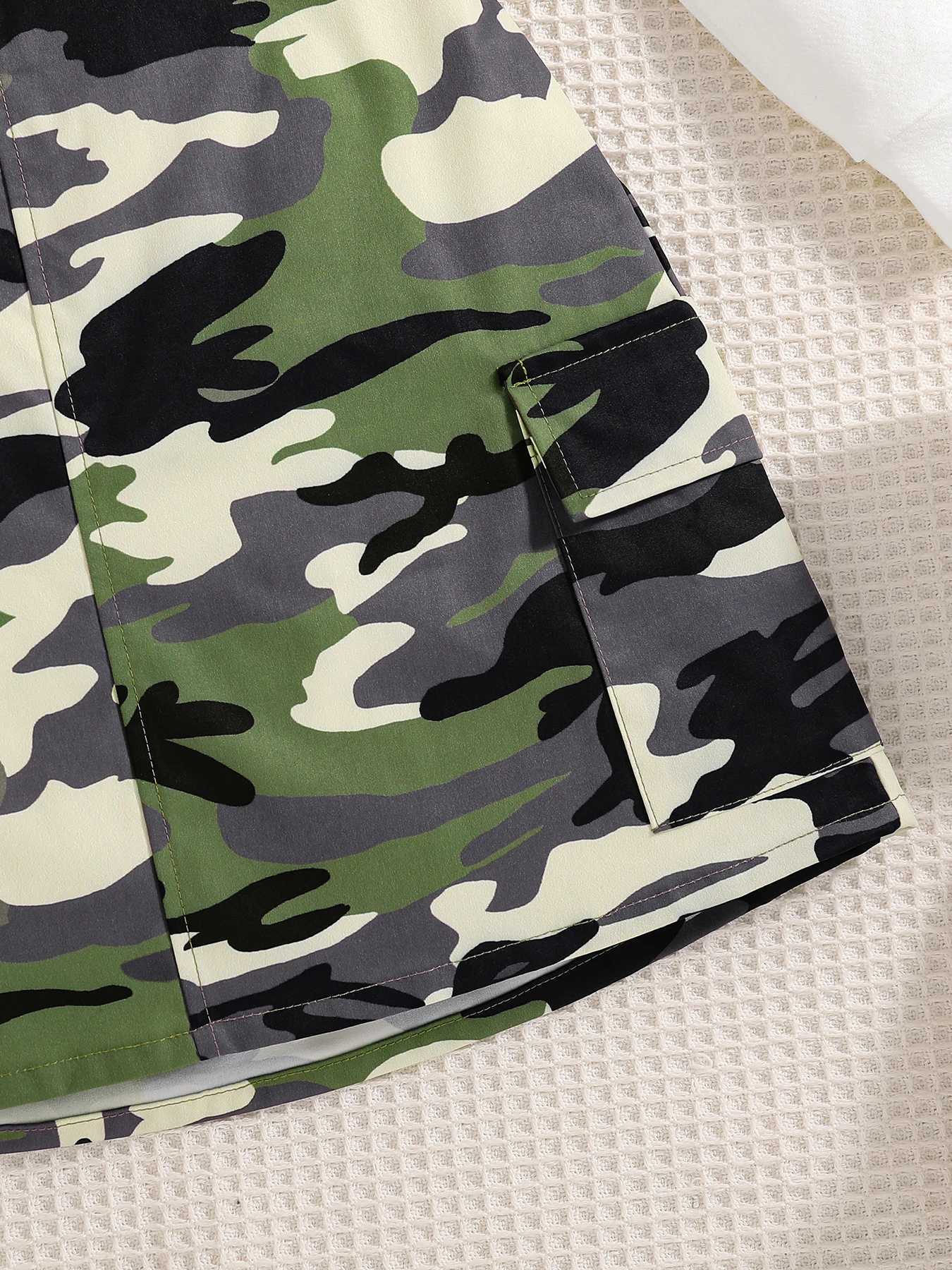 Girls 2Piece Fashion Set Spring Autumn White LetterPrinted Knitted round Neck Long Sleeve Top Camouflage Skirt Ensemble L250926X64Q