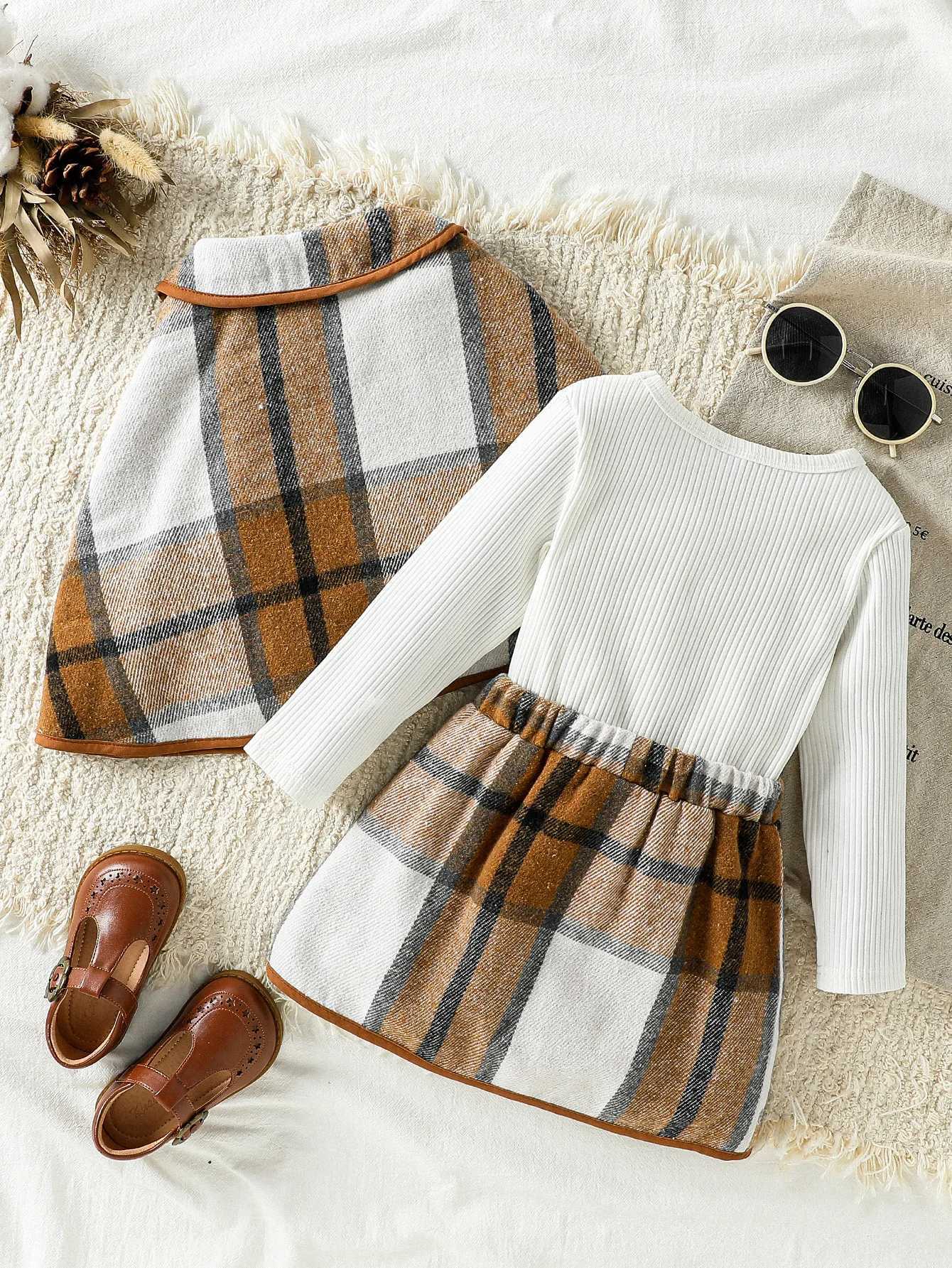 2025 3Pcs Kids Girls Autumn Skirt Set Long Sleeve Crew Neck Tshirt Plaid Skirt Fall Fashion Clothes Outfit Cloak For 16Y Suit L250926T3RO