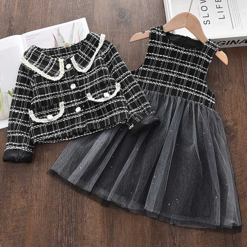 Korean Version Fashion Autumn and Winter New Girls Suit Flip Collar Checkered Long Sleeve CoatVest Mesh Dress Two Piece Set L250926JCCA