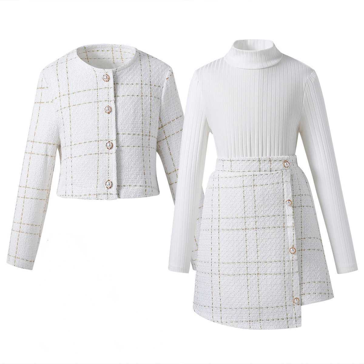 3pcs Girl Clothes Set Teenager Girl Suits Jacket Coat Skirt Sweatshirt Turtleneck Elegant Plaid Kid Children Clothing Plus Size L2509263DHX