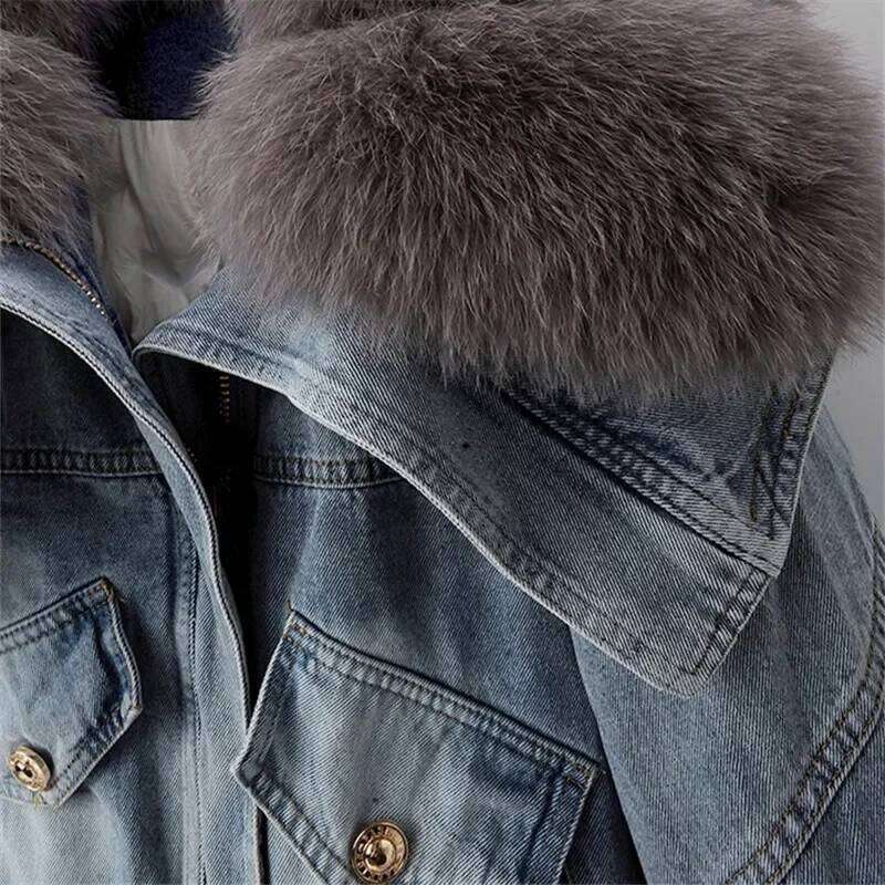 Big Fox Fur Collar Down Cotton Denim Women Vintage Cowboy Outerwear Winter Thick Loose Short Zipper Jeans Jacket Female