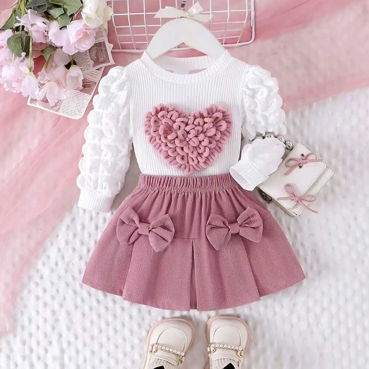 Childrens Spring and Autumn Set Girls New Bubble Sleeve Love TopBow Short Skirt Two Piece Set Kids Outfits L250926DUIQ
