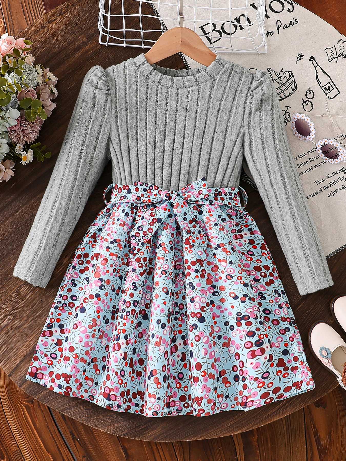 Spring Autumn Girl Casual AllMatch Knitted Round Neck Long Sleeve Floral Dress Girls Daily Casual Skirt L250926GE7A