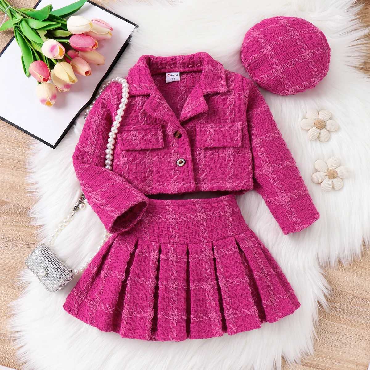 3pcsToddler Girls Solid Color Classic Grid Houndstooth Suit Dress Set with Hat L250926X5D2