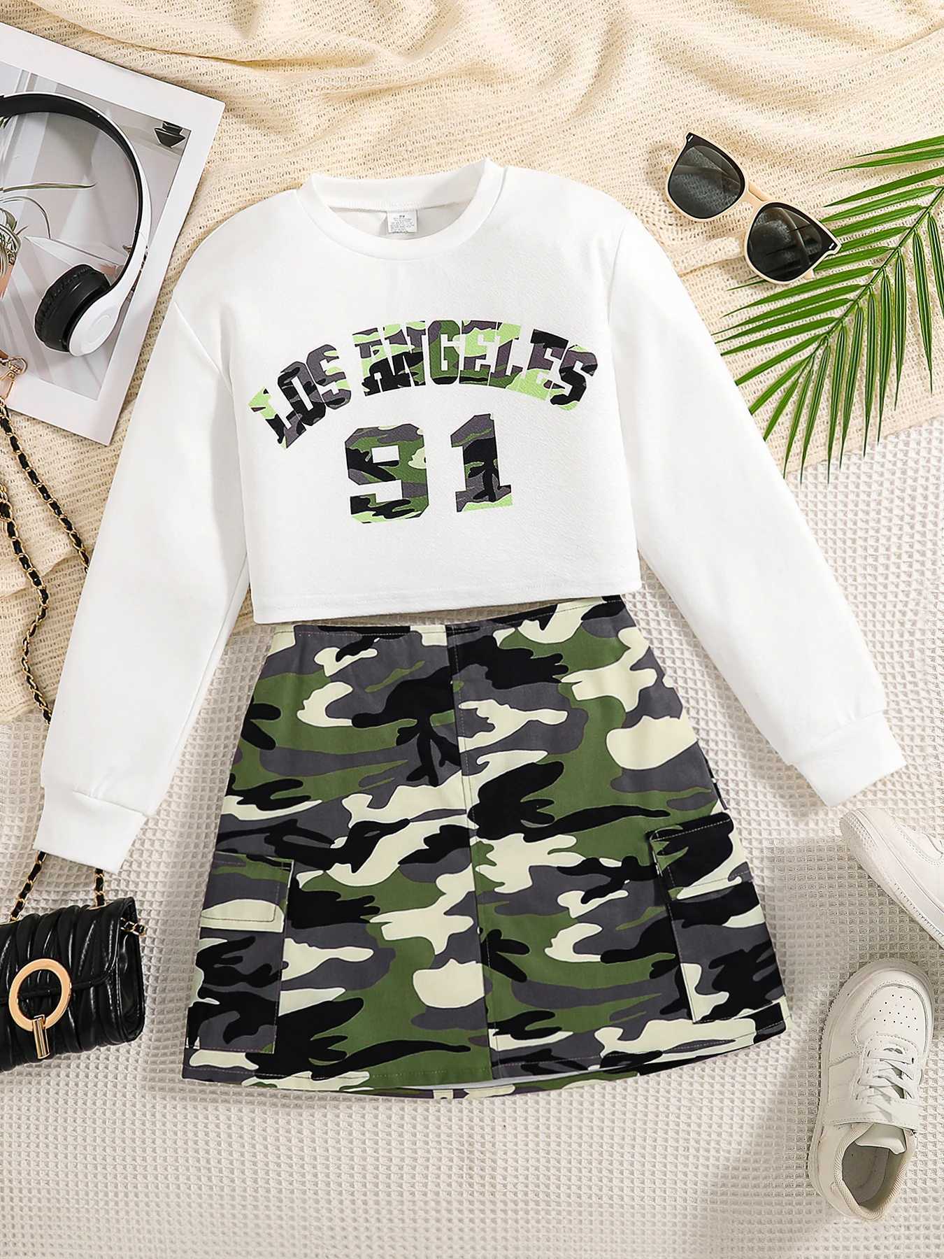 Girls 2Piece Fashion Set Spring Autumn White LetterPrinted Knitted round Neck Long Sleeve Top Camouflage Skirt Ensemble L250926X64Q