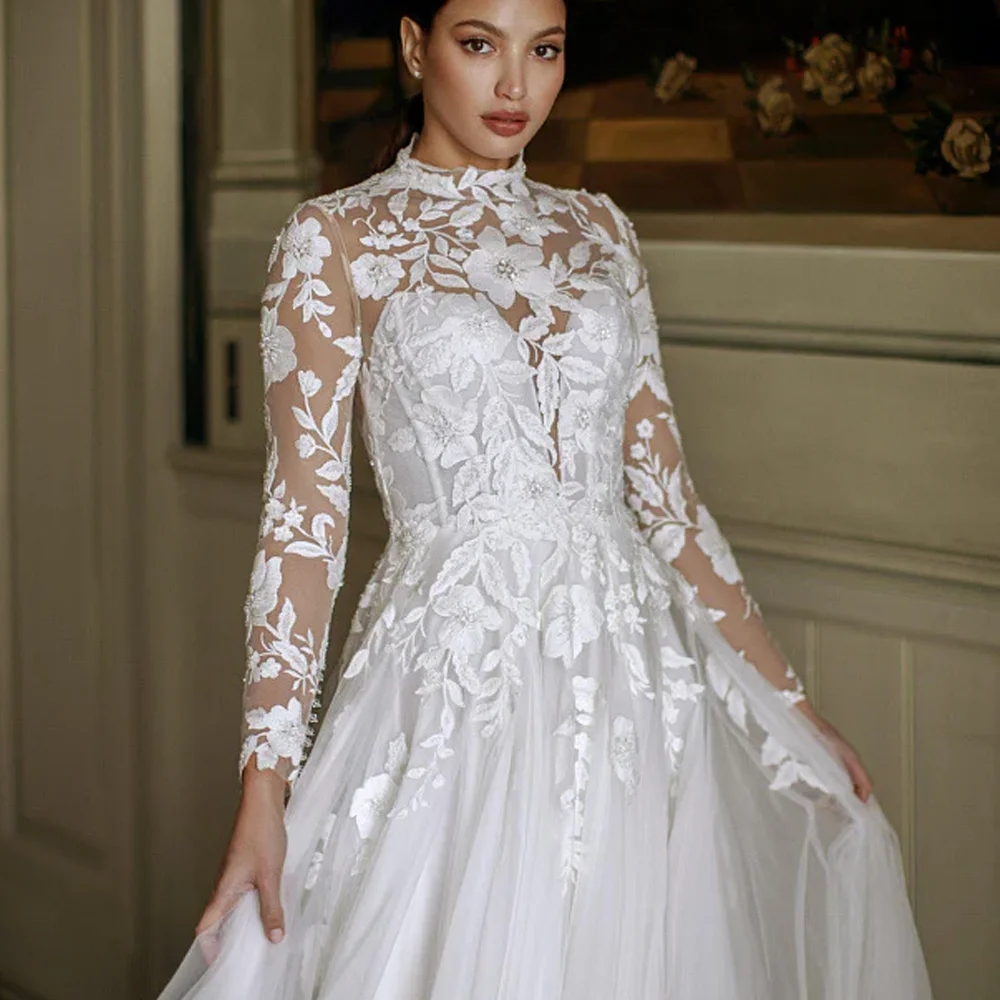 Classic A-line Wedding Dress 2026 High Neck Flowers Lace Appliques Illusion Long Sleeves Tulle Bride Party Gown Bridal Gowns Vestidos De Noiva